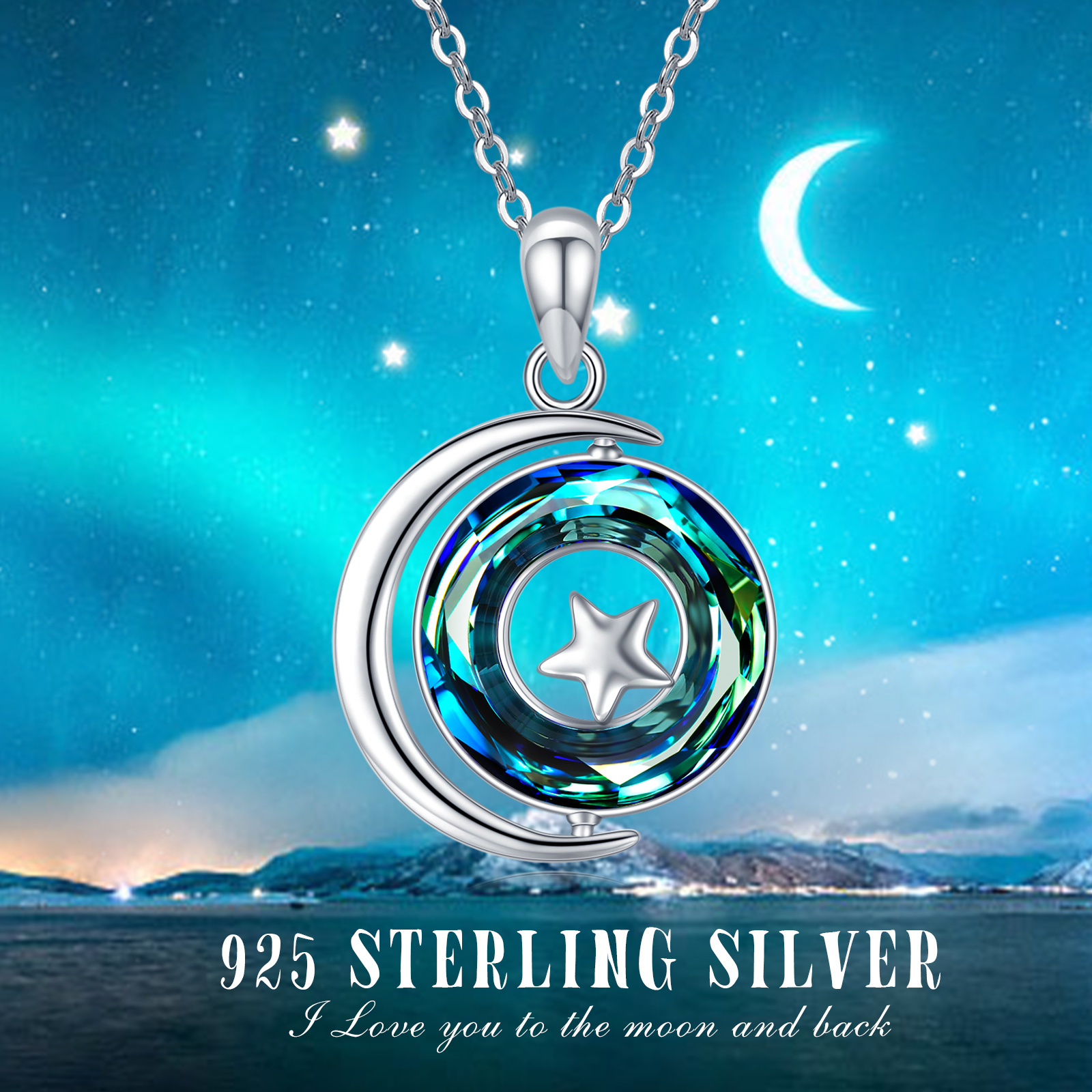 Women's 925 Sterling Silver Star Moon Pendant Necklace